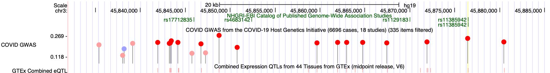 Lollipop track displaying COVID GWAS variant significance as circles on vertical stems