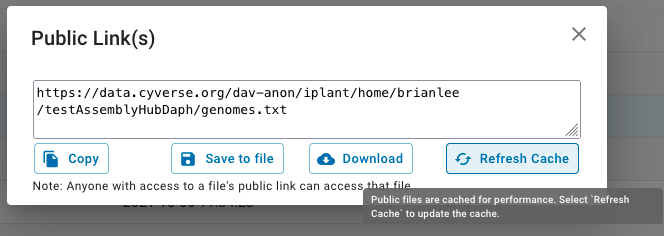 CyVerse interface showing the refresh option for updating file listings