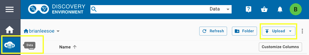 CyVerse Data Store interface with the upload button highlighted
